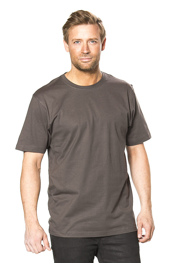 Heavy Lux T-shirt Økologisk a En mand iført en grå T-shirt står foran en hvid baggrund og ser direkte mod kameraet med hænderne ned langs siderne.