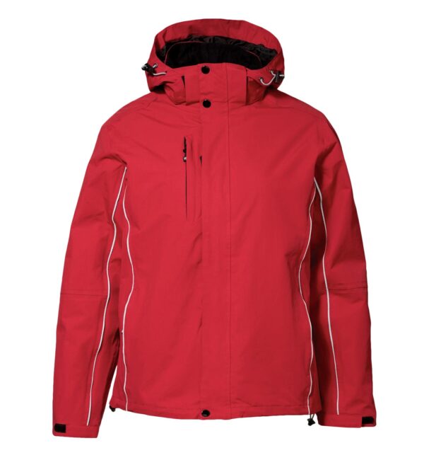 3-i-1 funktions herrejakke 1 Rød jakke med hætte og lynlåslukning; hvide refleksstriber langs ærmerne; placeret mod en hvid baggrund.