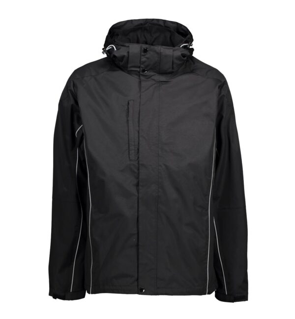 3-i-1 funktions herrejakke 2 Sort jakke med hætte og knaplukning, der står på en neutral hvid baggrund. Jakken har en opretstående krave og en lodret lynlåslomme på brystet.