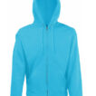 En lyseblå hættetrøje med lynlås står oprejst mod en hvid baggrund. Trøjen har justerbare snore ved hætten og to forreste lommer.