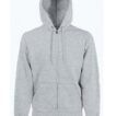 Grå hættetrøje med lynlås foran, snore til justering af hætte og kængurulommer, placeret mod en hvid baggrund.