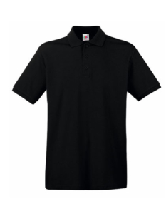 En sort kortærmet poloshirt med krave og tre knapper, hængende fladt uden baggrund eller yderligere detaljer.