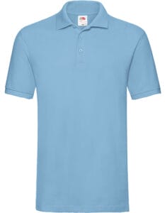 Lyseblå T-shirt med krave og tre knapper foran, mærket "Fruit of the Loom" i nakken.