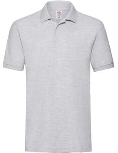 En grå poloshirt med korte ærmer, en krave og knapper, placeret mod en hvid baggrund.