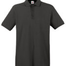 Sort poloshirt med korte ærmer og tre knapper, placeret mod en hvid baggrund.
