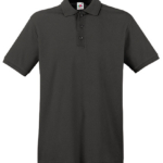 Sort poloshirt med korte ærmer og tre knapper, placeret mod en hvid baggrund.