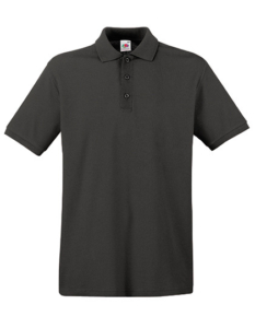 Sort poloshirt med korte ærmer og tre knapper, placeret mod en hvid baggrund.