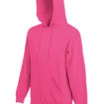 En pink hættetrøje med kængurulomme og lange ærmer set på en hvid baggrund.