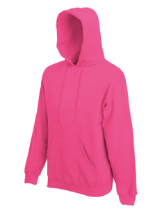 En pink hættetrøje med kængurulomme og lange ærmer set på en hvid baggrund.
