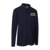 Mørkeblå poloshirt med lange ærmer. Tekst på brystet: "Dit Design" ved siden af et orange plusikon. Hvid baggrund.