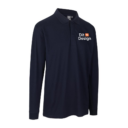 Mørkeblå poloshirt med lange ærmer. Tekst på brystet: "Dit Design" ved siden af et orange plusikon. Hvid baggrund.
