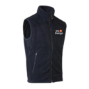 Vest i mørkeblå fleece med opretstående krave og lynlås. Teksten "Dit Design" er trykt på brystet. Vestens stil er afslappet og praktisk, egnet til koldt vejr.