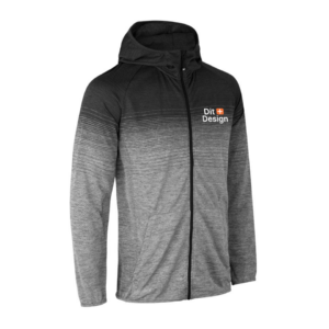 Mørkegrå og lysegrå hoodie med lynlås, hætte og teksten "Dit Design" på venstre bryst. Står oprejst mod en hvid baggrund.
