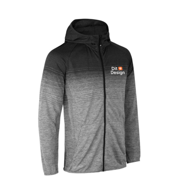 Mørkegrå og lysegrå hoodie med lynlås, hætte og teksten "Dit Design" på venstre bryst. Står oprejst mod en hvid baggrund.