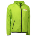 Grøn jakke med lynlås og hætte; "Dit Design" står på brystet. Designet er med sort tekst og et lille rødt kors. Jakken er på en hvid baggrund.