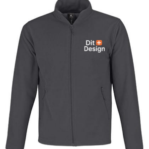 Jakke med lynlås står opret; "Dit Design" tekst til højre for lynlåsen. En simpel grå baggrund fremhæver jakken.