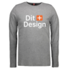 Langærmet grå trøje med teksten "Dit Design" i hvidt, akkompagneret af et orange plus-ikon. Står mod en neutral baggrund.