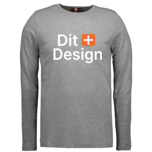 Langærmet grå trøje med teksten "Dit Design" i hvidt, akkompagneret af et orange plus-ikon. Står mod en neutral baggrund.