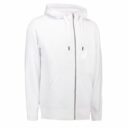 Hvid hættetrøje med lynlås, snørelukkede hætter og kængurulomme, i et simpelt og rent design stillet op mod en hvid baggrund.