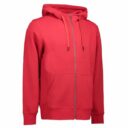 Rød hættetrøje med lynlås foran og to lommer. Hættetrøjen har snøre i hætten og sidder på en mannequin i en studieopsætning.