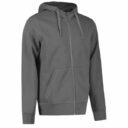 Grå hættetrøje med lynlås, snørebånd og kængurulommer, placeret mod en hvid baggrund.