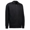 Sort sweatshirt med lynlås foran og lange ærmer. Den har en ribbet krave samt manchetter og talje. Sweatshirten er præsenteret mod en hvid baggrund.