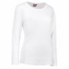Hvid langærmet T-shirt med rund halsudskæring vises på en usynlig mannequin mod en hvid baggrund. En synlig etiket i nakken har tekst: "10".