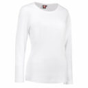 Hvid langærmet T-shirt med rund halsudskæring vises på en usynlig mannequin mod en hvid baggrund. En synlig etiket i nakken har tekst: "10".