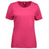 Rosa T-shirt, kortærmet og rundhalset, hænger mod en hvid baggrund. Mærket på indersiden af halsen viser teksten "ID GAME".