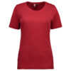 Rød t-shirt vises mod en hvid baggrund. T-shirten har kortærmede og en rund halsudskæring. Mærkatet indeni viser teksten "ID" og "40M01".