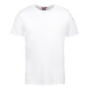 Hvid T-shirt med korte ærmer på en ensfarvet, hvid baggrund. Mærket indeni halsen viser ID og størrelse 4.