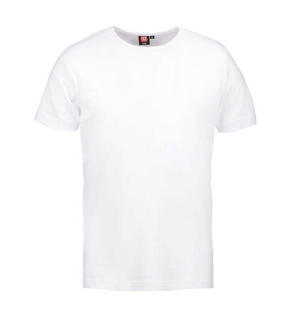 Interlock T-shirt hvid Hvid T-shirt med korte ærmer på en ensfarvet, hvid baggrund. Mærket indeni halsen viser ID og størrelse 4.