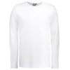 En hvid langærmet t-shirt vises i et neutralt miljø. Mærket på kraven har teksten "ID", og størrelsen er angivet med "L".
