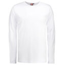 En hvid langærmet t-shirt vises i et neutralt miljø. Mærket på kraven har teksten "ID", og størrelsen er angivet med "L".