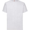 En hvid, kortærmet T-shirt med rund halsudskæring vises på en neutral baggrund. Mærket "Fruit of the Loom" med en lille frugtemblem er synligt ved halsen.