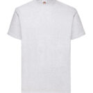 En hvid, kortærmet T-shirt med rund halsudskæring vises på en neutral baggrund. Mærket "Fruit of the Loom" med en lille frugtemblem er synligt ved halsen.