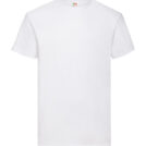 En hvid t-shirt vises frontalt på en hvid baggrund. Øverst ved nakken ses et lille mærke med logo og tekst.