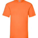 En orange t-shirt vises oprejst mod en hvid baggrund. Der er en lille mærkat med et logo på indersiden af kraven.