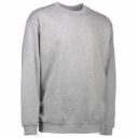 Grå sweatshirt med lange ærmer, rund hals og ribkanter vises på en hvid baggrund uden nogen tekst.