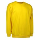 En gul sweater med lange ærmer og rund hals vises på en hvid baggrund. Sweateren har ribkant ved håndleddene og bunden.