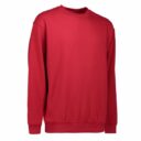 Rød sweatshirt med lange ærmer og rund hals, vises mod en hvid baggrund.