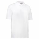 En hvid polo-shirt hænger frit i luften med en neutral baggrund. Den har korte ærmer, krave og knapper foran.