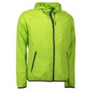 En limegrøn jakke med lynlås og hætte, placeret mod en hvid baggrund. Jakken har sorte lynlåse på lommerne og fortil.