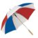 Paraply med røde, hvide og blå segmenter står åben. Den er placeret på en neutral, hvid baggrund.