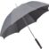 En grå paraply står åben med en metalstang og sort håndtag. Baggrunden er hvid og ubestemt, hvilket fremhæver paraplyens design og funktion.