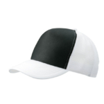 En sort og hvid baseballkasket ligger på en hvid baggrund. Skærmen og den frontale del er sort, mens siderne og bagstykket er hvide og lavet af mesh-materiale.