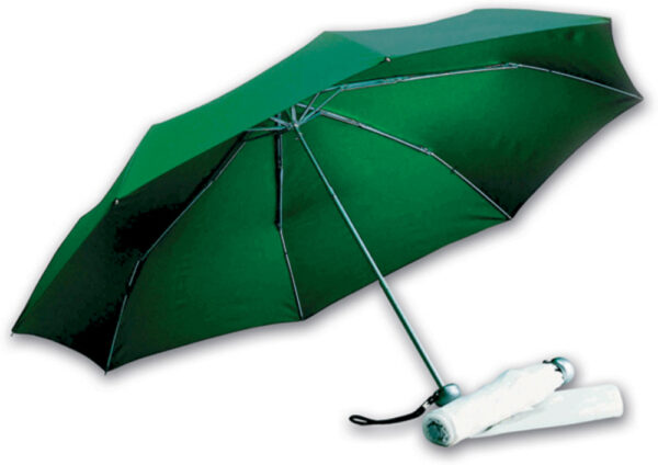 8406_310100 En grøn paraply er slået op og hviler på siden ved siden af dens sammenrullede etui på en hvid baggrund.