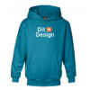 En blå hættetrøje med teksten "Dit Design" i hvid med et orange plus-tegn på brystet. Trøjen har en stor frontlomme og en hætte.