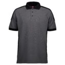 Grå polo shirt med sorte skuldre og ærmekanter, hængende frit mod en hvid baggrund. Poloen er dekoreret med tre sorte knapper.