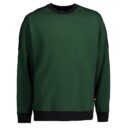 En grøn langærmet sweatshirt med sorte detaljer på kraven, skuldrene og manchetterne, placeret på en hvid baggrund.